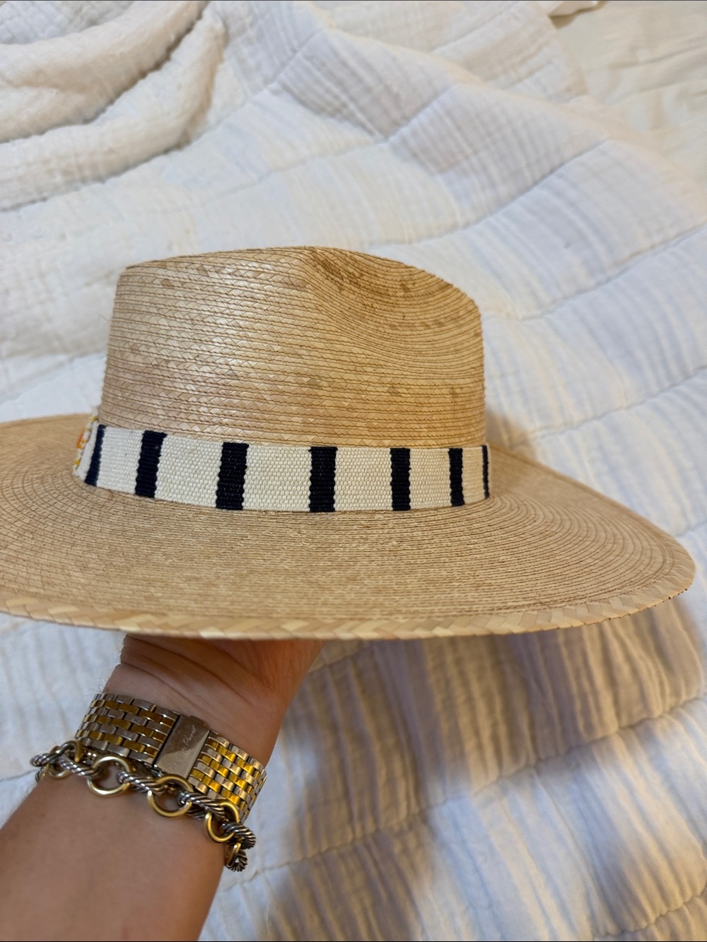 Women’s Natural Straw Wide-Brim Hat with Black Stripe Band - Picture 3 of 7